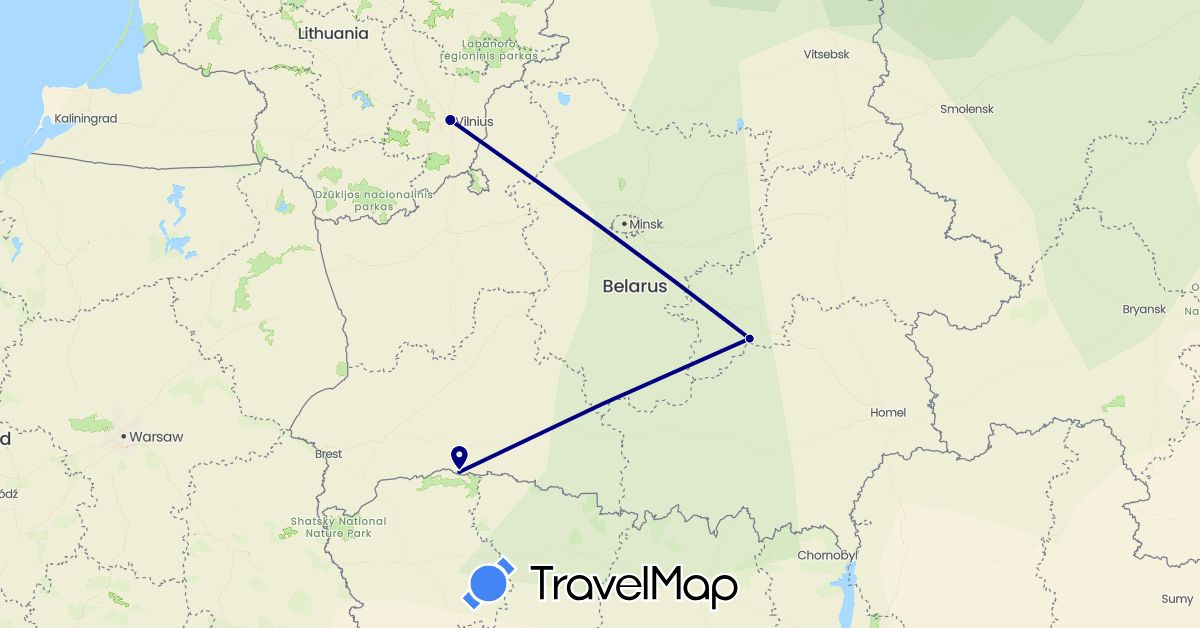TravelMap itinerary: driving in Belarus, Lithuania (Europe)